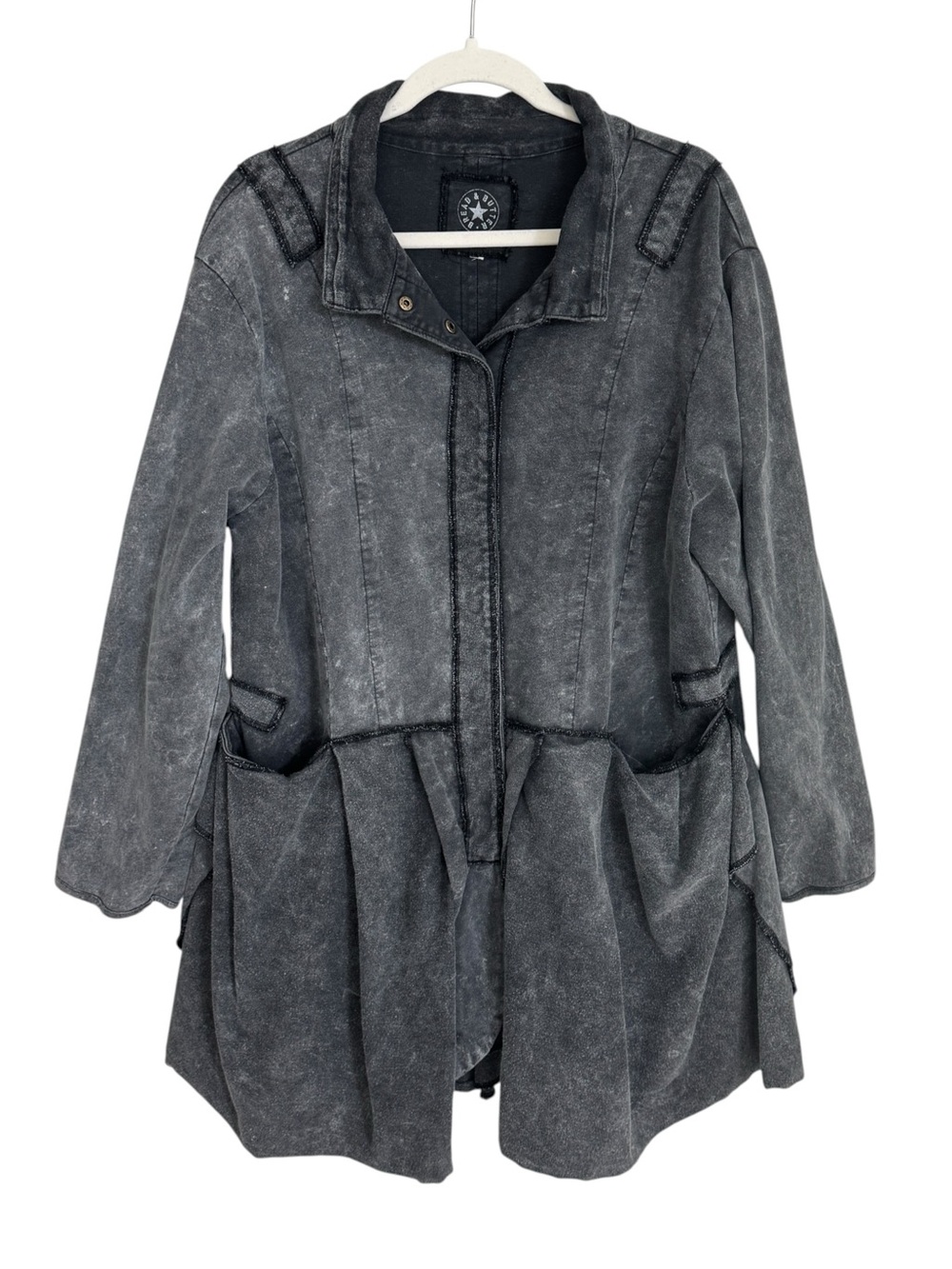 Bread & Butter Italy Gray Acid Wash Ruffle Snap Front Jacket Coat Petticoat XL